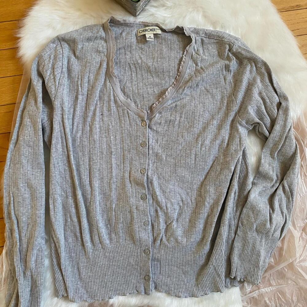 Cherokee Medium Gray Ribbed Button-Up Cardigan Sweater Size Medium